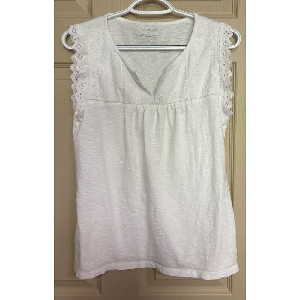Talbots Blouse Medium Ruffle Trim 100% Cotton Sleeveless Top White Tunic